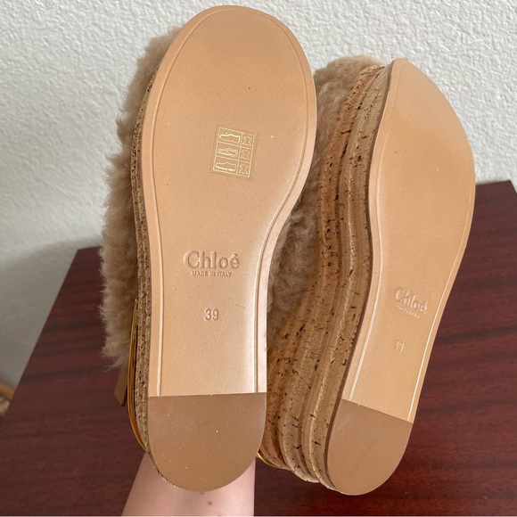 NWOT Chloe Camille Wedge Mules Fur Cork Leather Beige Sandals Shoes - Picture 9 of 13